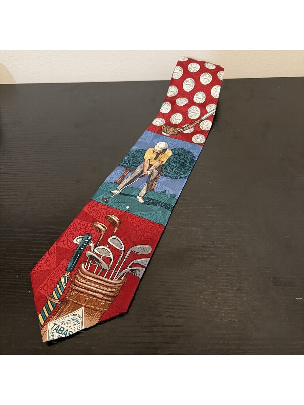 Vintage Tabasco Neck Tie Golf Clubs Balls Theme Multi-Colored 100% Silk USA